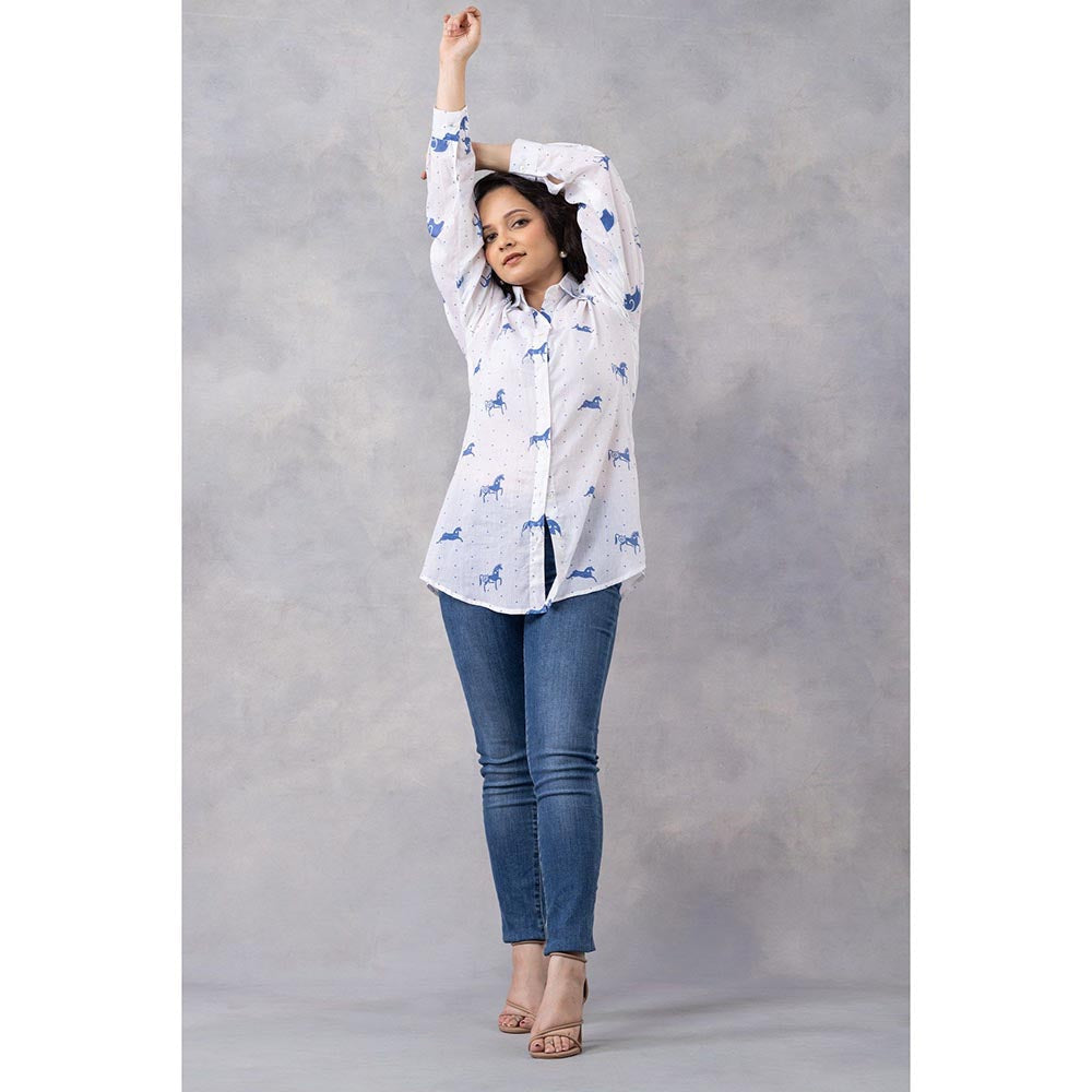 Thee Modern Roots White Horse Print Cotton Mul Shirt