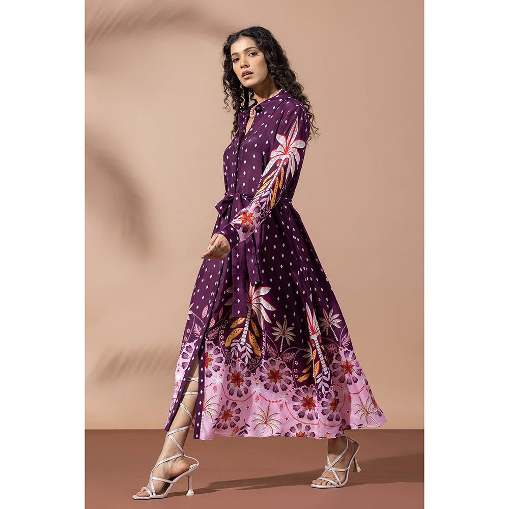 Thee Modern Roots Paradise Purple Palm Shirt Dress with Belt (Set of 2)