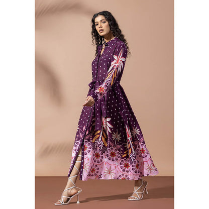 Thee Modern Roots Paradise Purple Palm Shirt Dress with Belt (Set of 2)