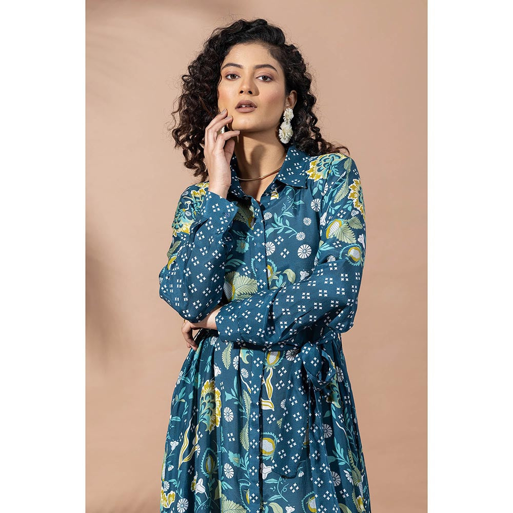 Thee Modern Roots Forest Teal Blue Shirt Dress with Belt (Set of 2)