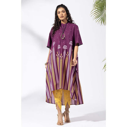 Thee Modern Roots Purple Chevron Plum Printed Kurta and Dhoti (Set of 2)