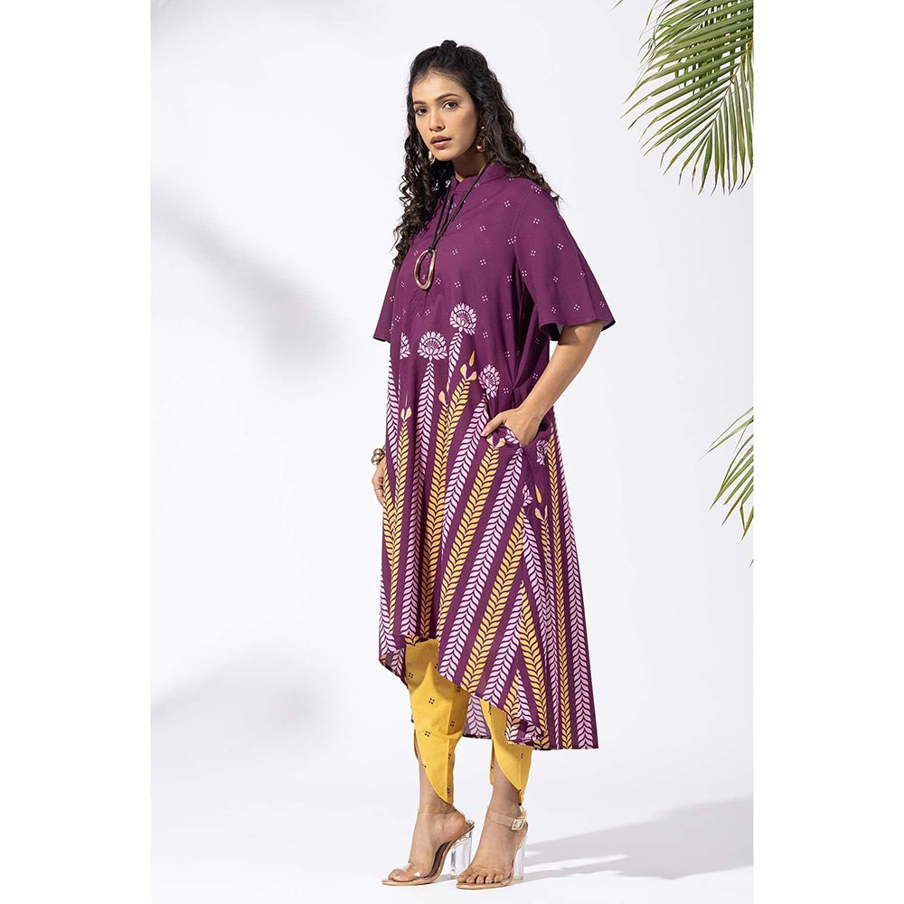Thee Modern Roots Purple Chevron Plum Printed Kurta and Dhoti (Set of 2)