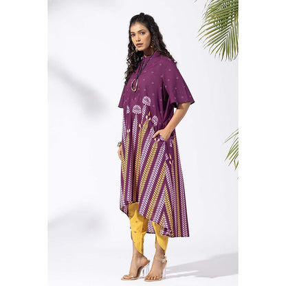 Thee Modern Roots Purple Chevron Plum Printed Kurta and Dhoti (Set of 2)