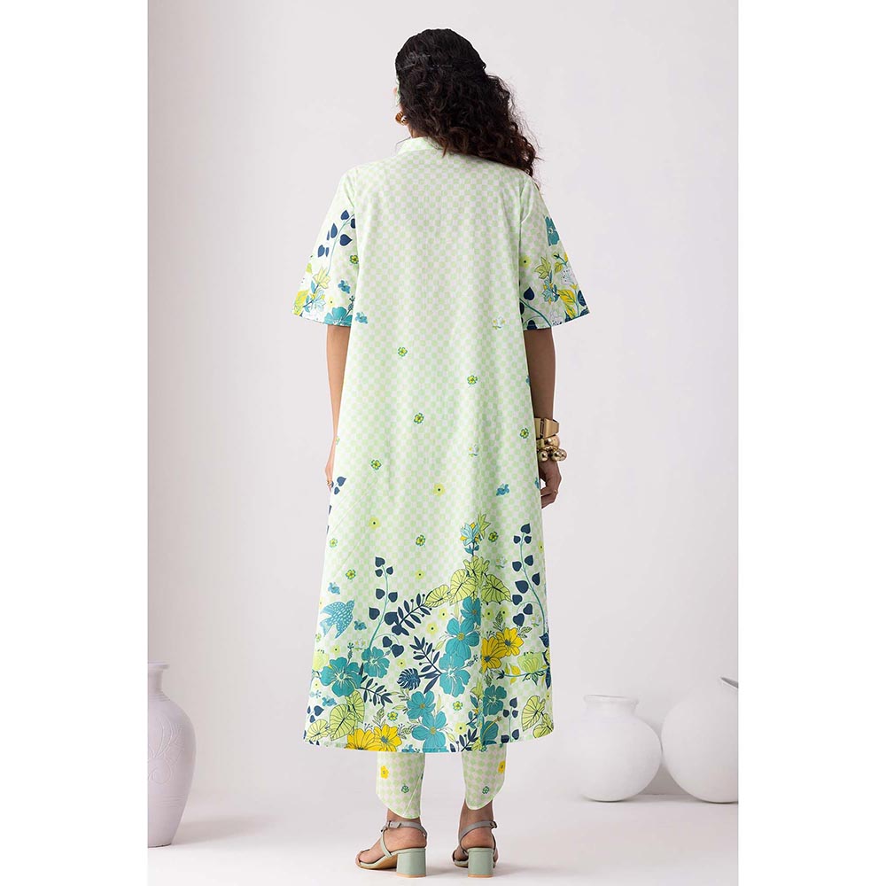 Thee Modern Roots Neon Green Checkered Floral Print Kurta and Dhoti (Set of 2)