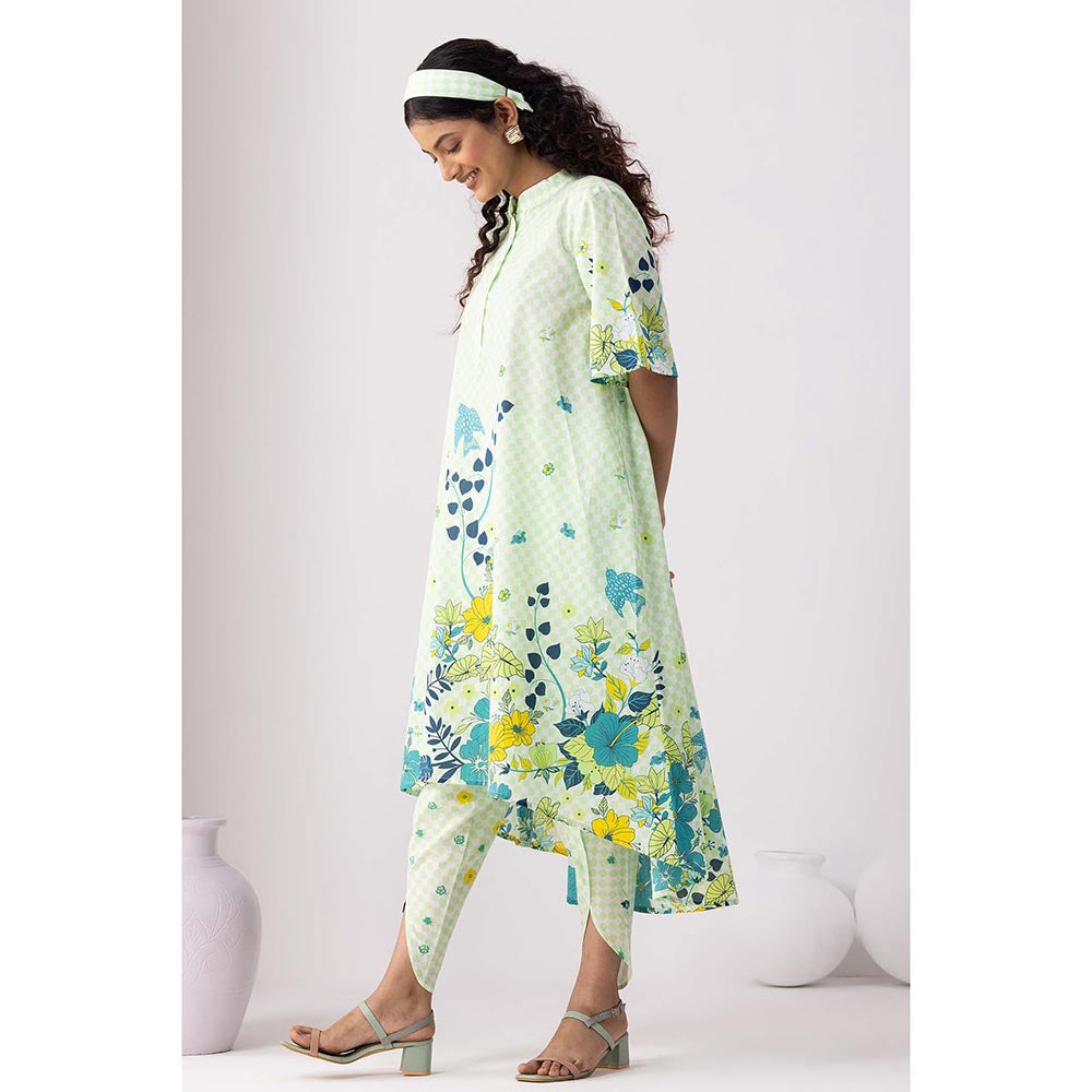 Thee Modern Roots Neon Green Checkered Floral Print Kurta and Dhoti (Set of 2)