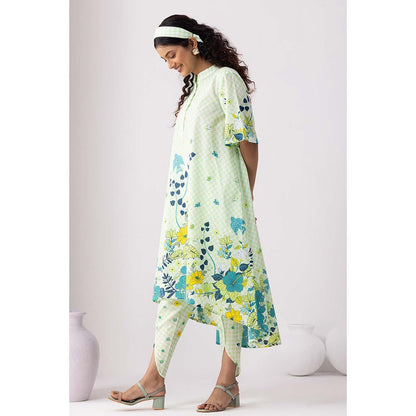 Thee Modern Roots Neon Green Checkered Floral Print Kurta and Dhoti (Set of 2)