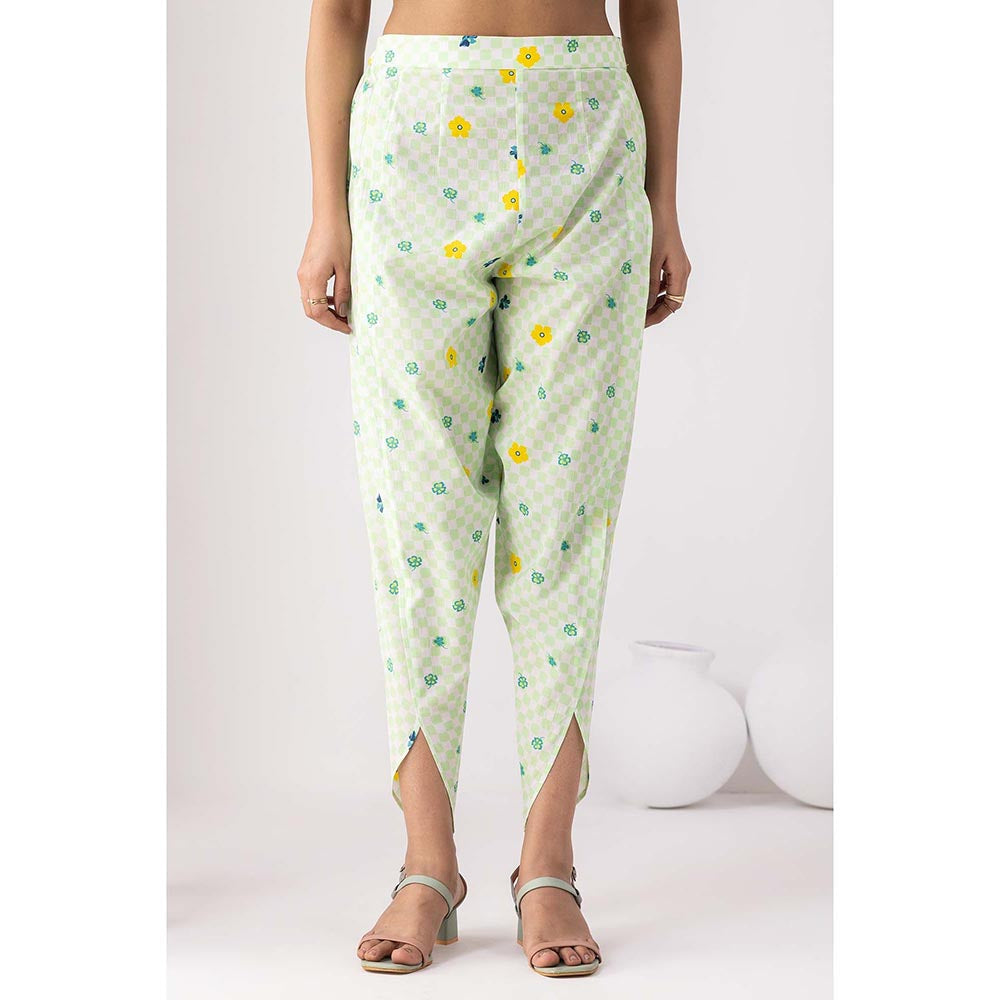 Thee Modern Roots Neon Green Checkered Floral Print Kurta and Dhoti (Set of 2)