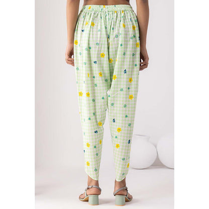 Thee Modern Roots Neon Green Checkered Floral Print Kurta and Dhoti (Set of 2)