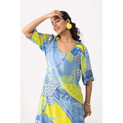 Thee Modern Roots Mystical Ocean Blue Printed Kurta and Pant (Set of 2)