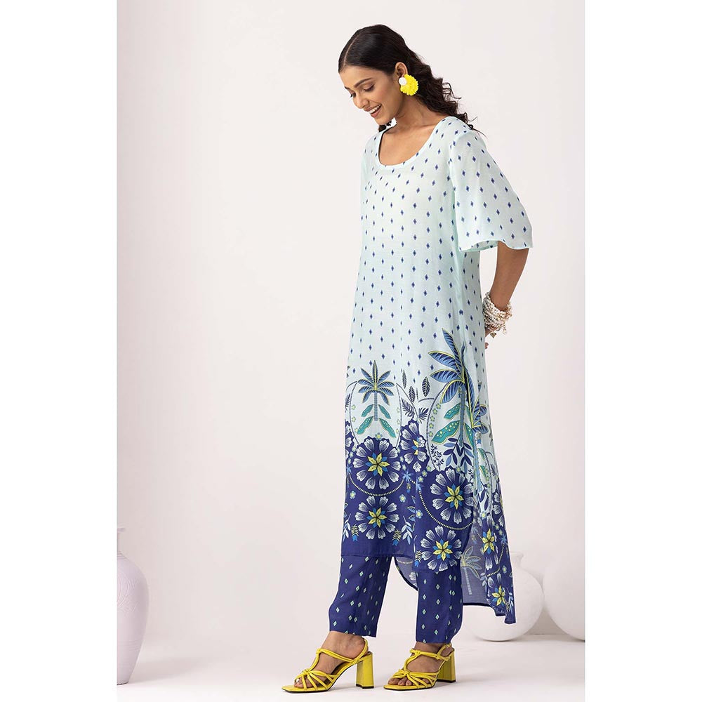 Thee Modern Roots Sky Blue Pacific Printed Kurta and Pant (Set of 2)