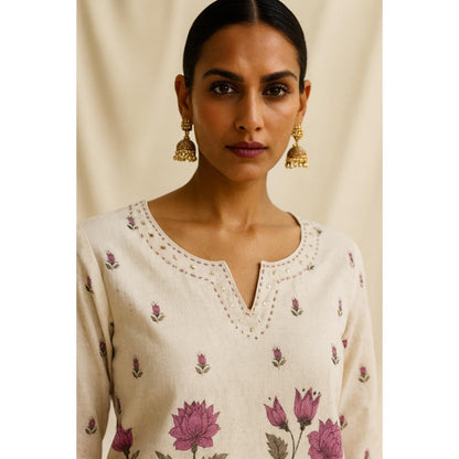 Thee Modern Roots Women'S Beige Cotton Floral V-Neck Top with Pant Co-Ord's
