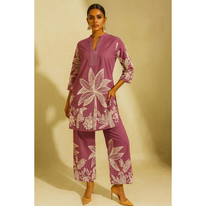 Thee Modern Roots Women'S Purple Cotton Floral Mandarin Neck Top with Pant Co-Ord's