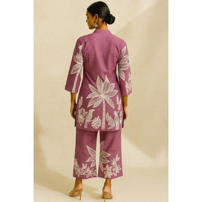 Thee Modern Roots Women'S Purple Cotton Floral Mandarin Neck Top with Pant Co-Ord's
