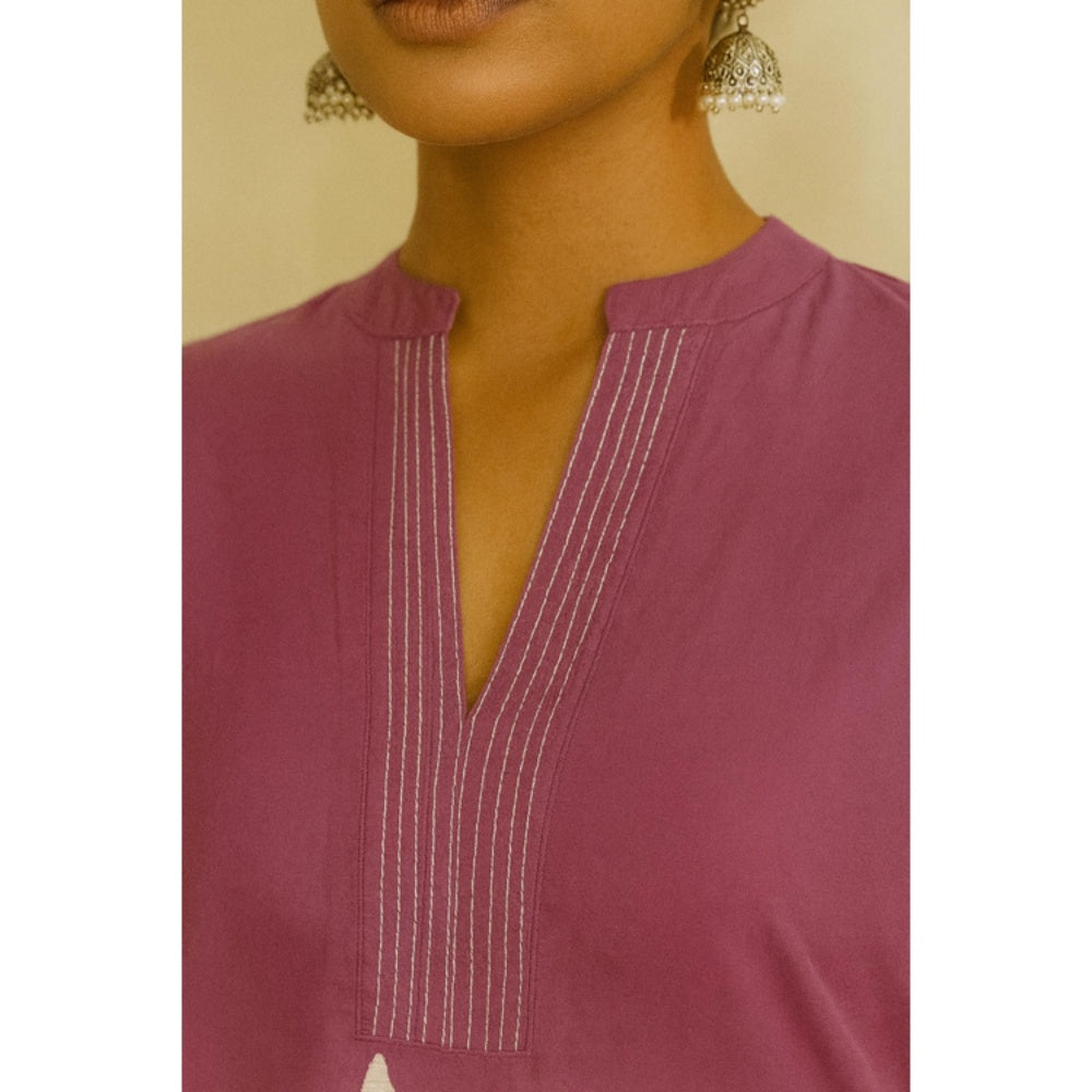 Thee Modern Roots Women'S Purple Cotton Floral Mandarin Neck Top with Pant Co-Ord's