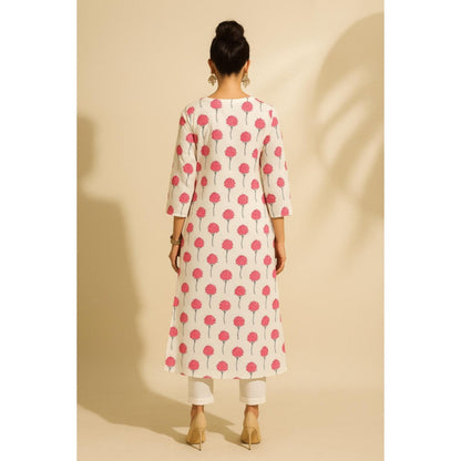 Thee Modern Roots Women'S Ivory Cotton Floral Round Neck Kurta with Pant