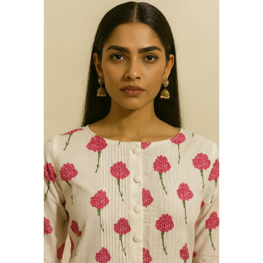 Thee Modern Roots Women'S Ivory Cotton Floral Round Neck Kurta with Pant