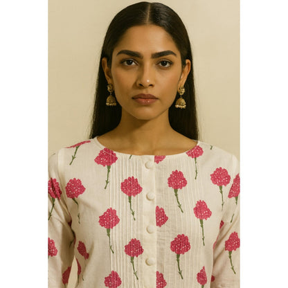 Thee Modern Roots Women'S Ivory Cotton Floral Round Neck Kurta with Pant