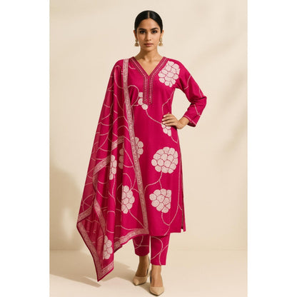 Thee Modern Roots Women'S Pink Cotton Printed V-Neck Kurta with Pant and Dupatta