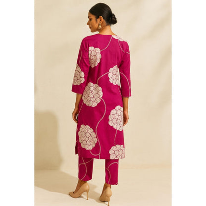 Thee Modern Roots Women'S Pink Cotton Printed V-Neck Kurta with Pant and Dupatta