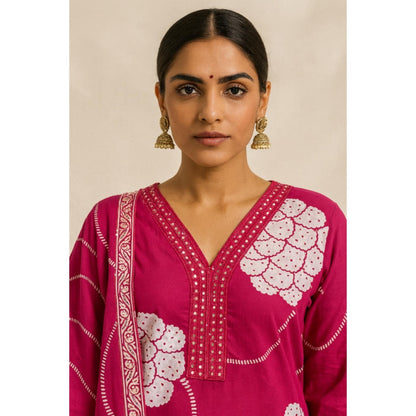 Thee Modern Roots Women'S Pink Cotton Printed V-Neck Kurta with Pant and Dupatta