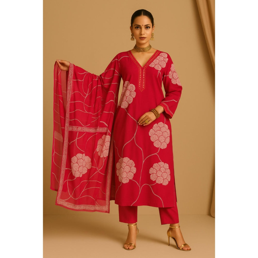 Thee Modern Roots Women'S Pink Cotton Printed V-Neck Kurta with Pant and Dupatta