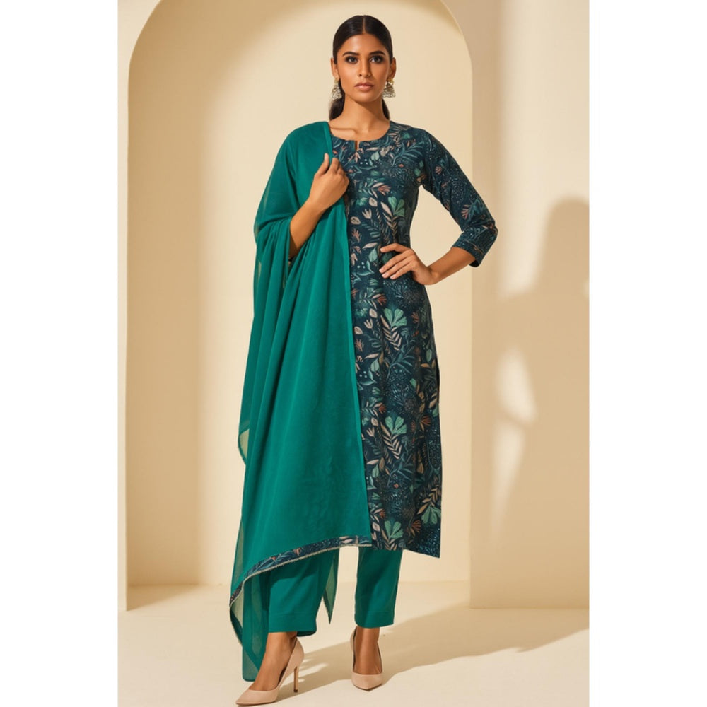 Thee Modern Roots Women'S Green Cotton Floral Round Neck Kurta with Pant and Dupatta