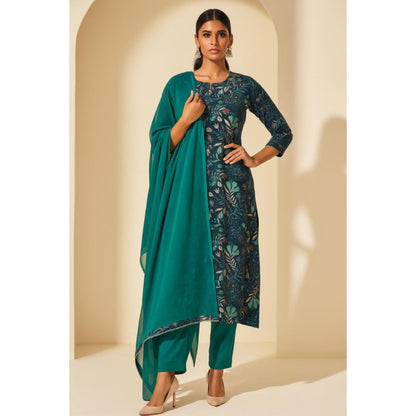 Thee Modern Roots Women'S Green Cotton Floral Round Neck Kurta with Pant and Dupatta
