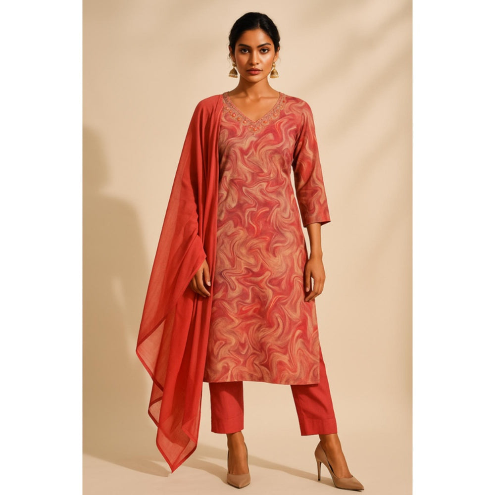 Thee Modern Roots Women'S Peach Cotton Printed V-Neck Kurta with Pant and Dupatta