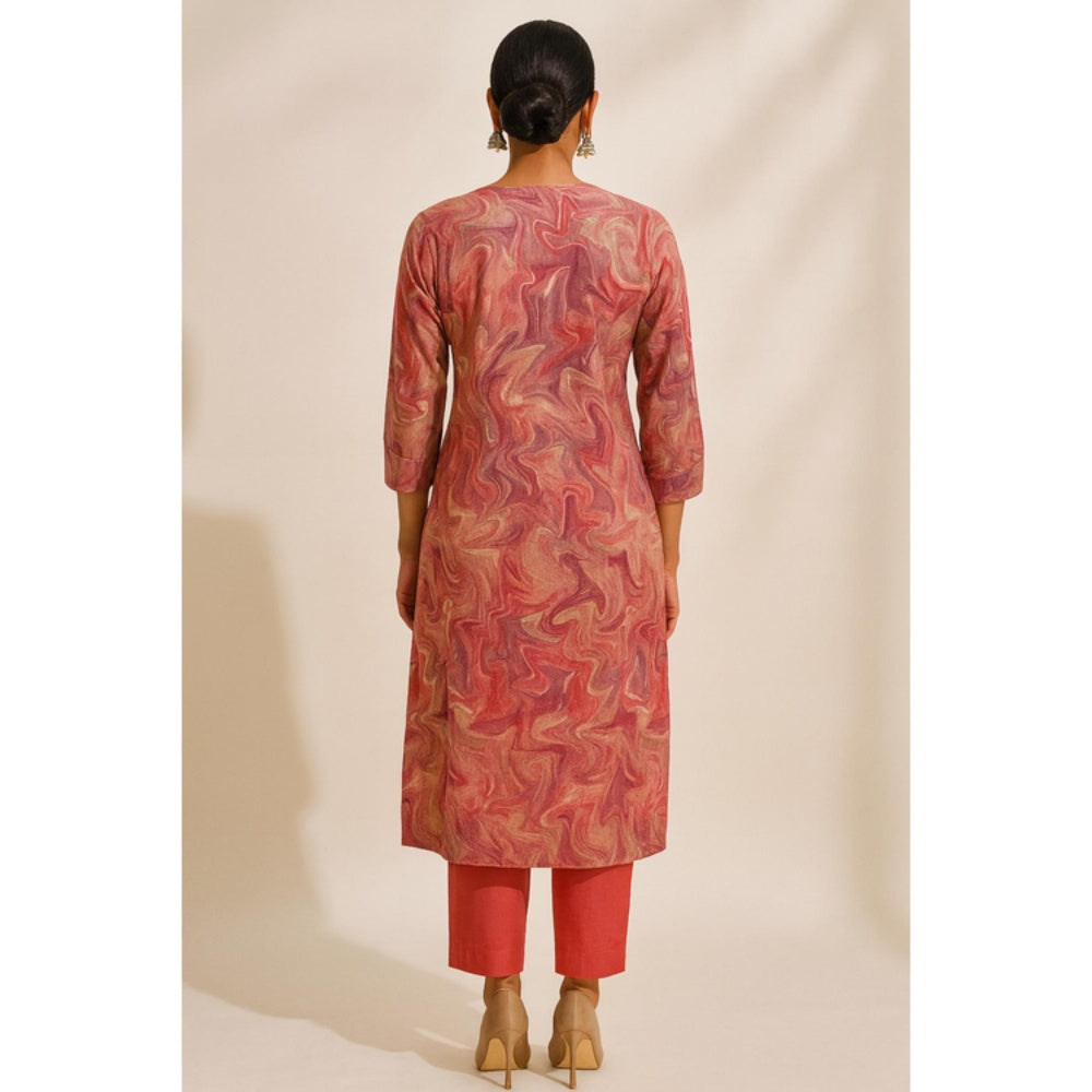 Thee Modern Roots Women'S Peach Cotton Printed V-Neck Kurta with Pant and Dupatta