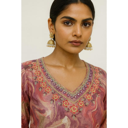 Thee Modern Roots Women'S Peach Cotton Printed V-Neck Kurta with Pant and Dupatta