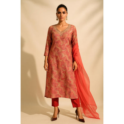 Thee Modern Roots Women'S Peach Cotton Printed V-Neck Kurta with Pant and Dupatta