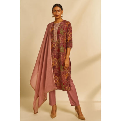 Thee Modern Roots Women'S Wine Viscose Floral Round Neck Kurta with Pant and Dupatta