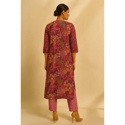 Thee Modern Roots Women'S Wine Viscose Floral Round Neck Kurta with Pant and Dupatta