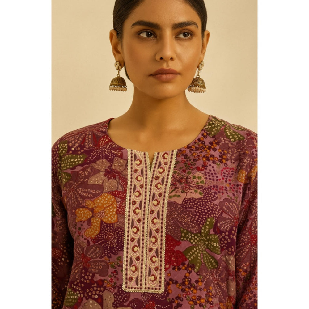 Thee Modern Roots Women'S Wine Viscose Floral Round Neck Kurta with Pant and Dupatta
