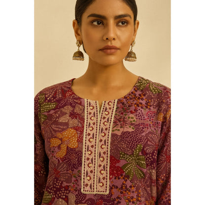 Thee Modern Roots Women'S Wine Viscose Floral Round Neck Kurta with Pant and Dupatta