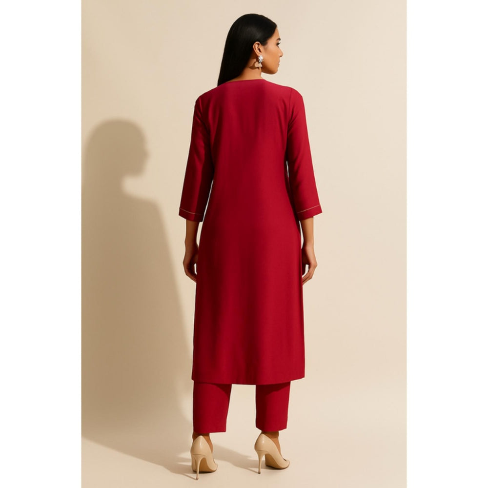Thee Modern Roots Women'S Red Viscose Printed V-Neck Kurta with Pant and Dupatta