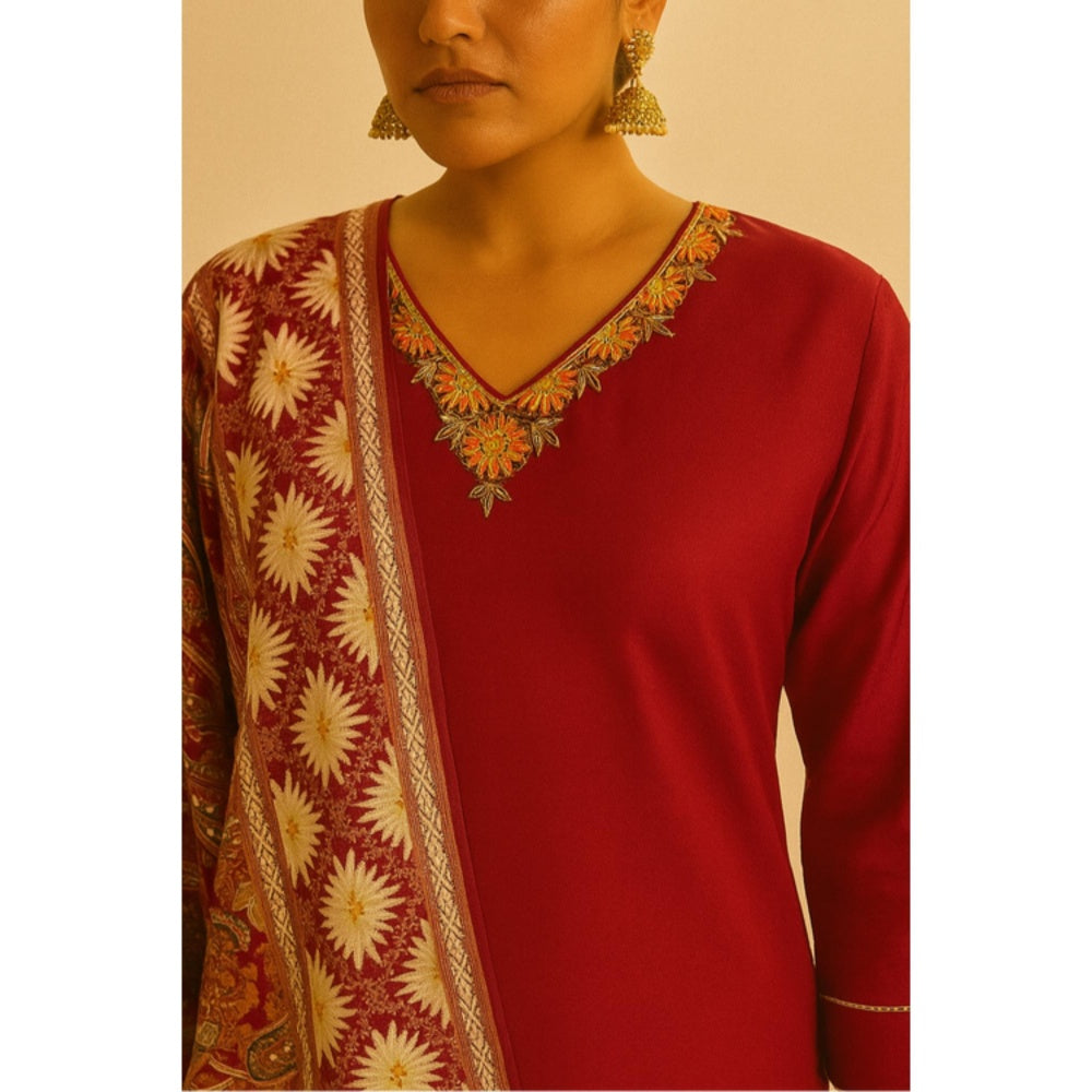 Thee Modern Roots Women'S Red Viscose Printed V-Neck Kurta with Pant and Dupatta