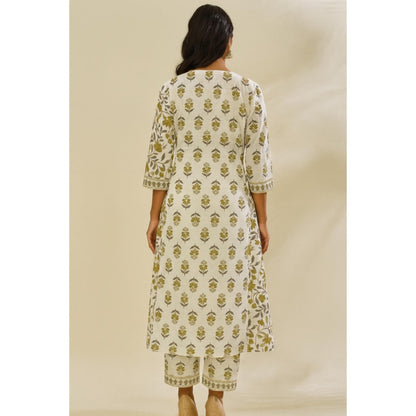 Thee Modern Roots Women'S Ivory Cotton Floral V-Neck Anarkali Kurta with Pant and Dupatta