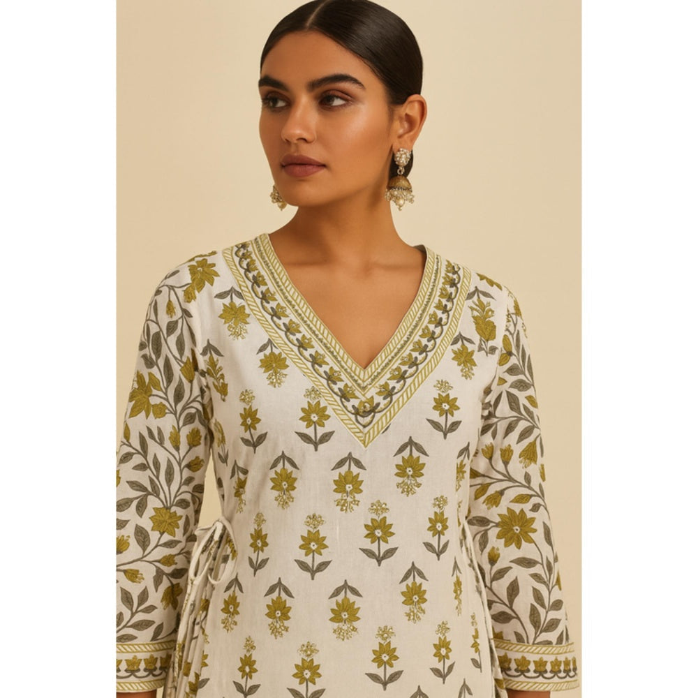 Thee Modern Roots Women'S Ivory Cotton Floral V-Neck Anarkali Kurta with Pant and Dupatta