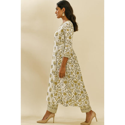 Thee Modern Roots Women'S Ivory Cotton Floral V-Neck Anarkali Kurta with Pant and Dupatta