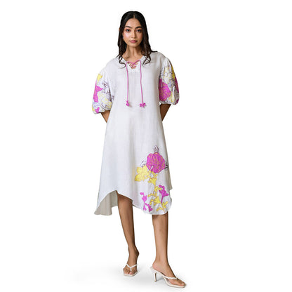 The House of Hemp Women Latest Midi Length Puff Sleeves Dress