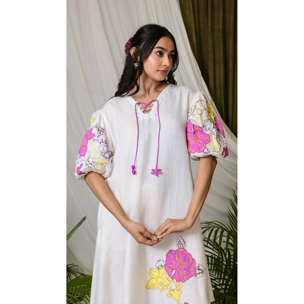 The House of Hemp Women Latest Midi Length Puff Sleeves Dress