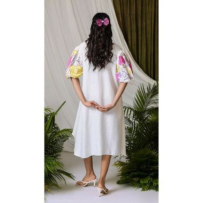 The House of Hemp Women Latest Midi Length Puff Sleeves Dress
