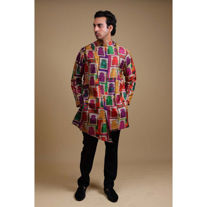 THETAA Multi-Colour Stylish Jharoka Print Asymmetrical Kurta with Pant (Set of 2)