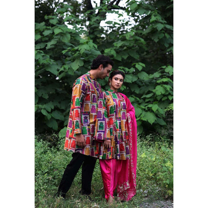 THETAA Multi-Colour Stylish Jharoka Print Asymmetrical Kurta with Pant (Set of 2)
