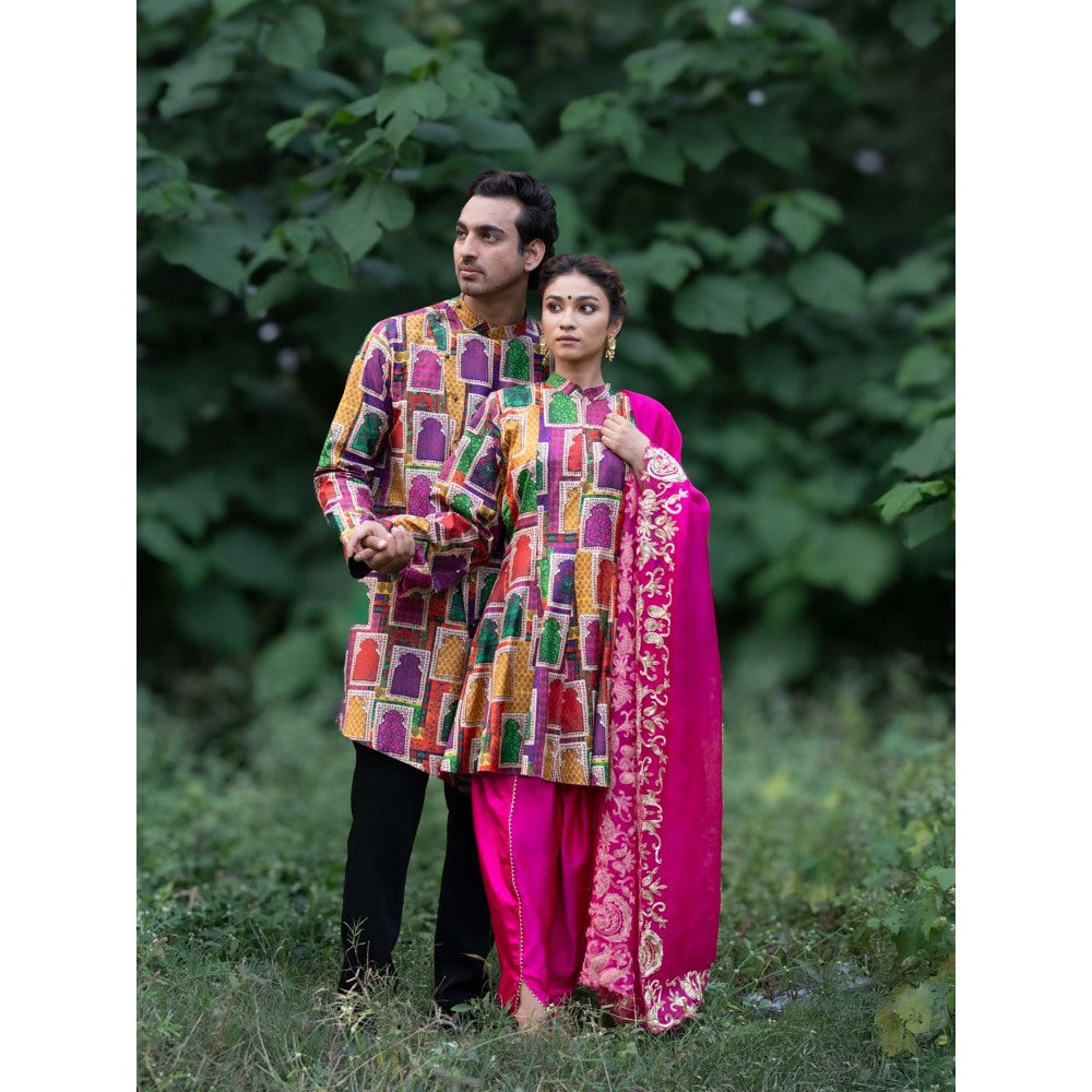 THETAA Multi-Colour Stylish Jharoka Print Asymmetrical Kurta with Pant (Set of 2)