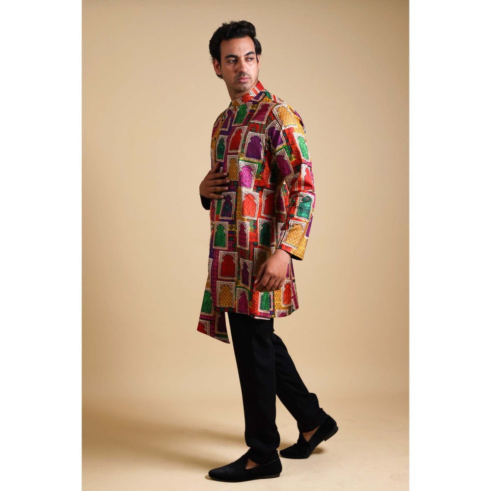THETAA Multi-Colour Stylish Jharoka Print Asymmetrical Kurta with Pant (Set of 2)
