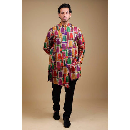 THETAA Multi-Colour Stylish Jharoka Print Asymmetrical Kurta with Pant (Set of 2)
