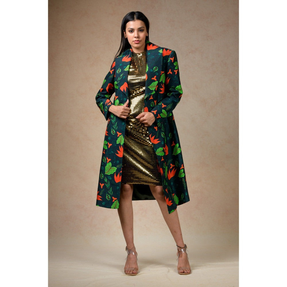 THETAA Gold Embellished/Sequined Trench Coat with Bodycon Dress (Set of 2)