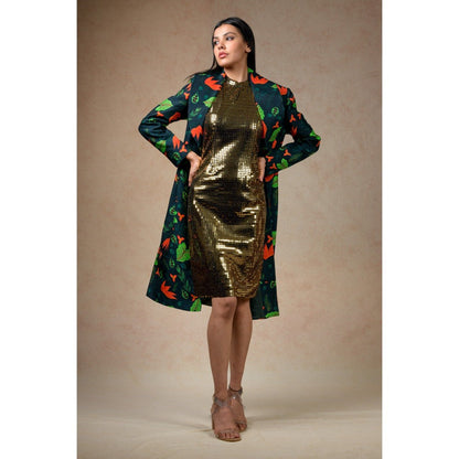 THETAA Gold Embellished/Sequined Trench Coat with Bodycon Dress (Set of 2)